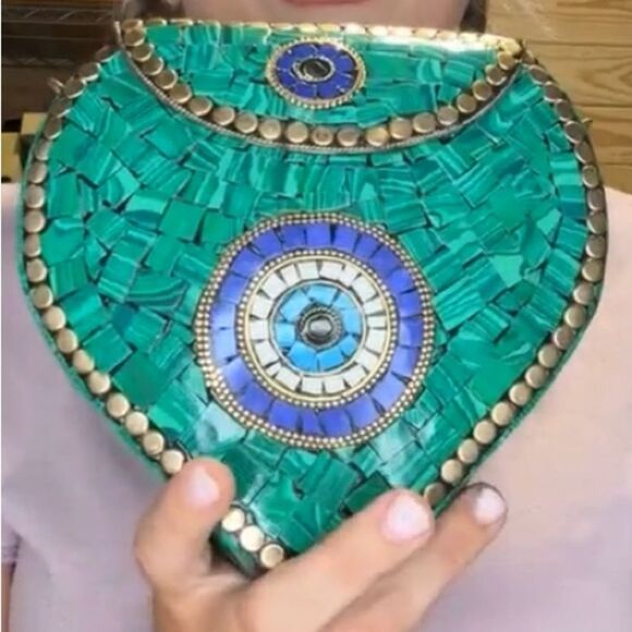 ~$199 MSRP - Ramla EVIL EYE HEART SHAPED Bag - EMERALD GREEN & BLUE Mosaic Tiles - Picture 1 of 8